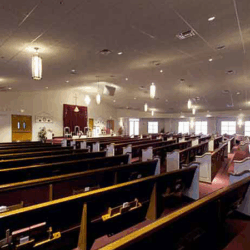 Church of Christ wood church pews.