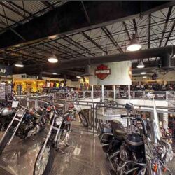 Inside the showroom at Harley Davidson.