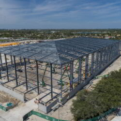 Side view of the Miami Dolphins training facility frame structure.